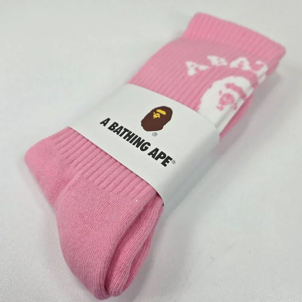 A Bathing Ape Bape Classic Ape Head Crew Socks Pink White Brand New